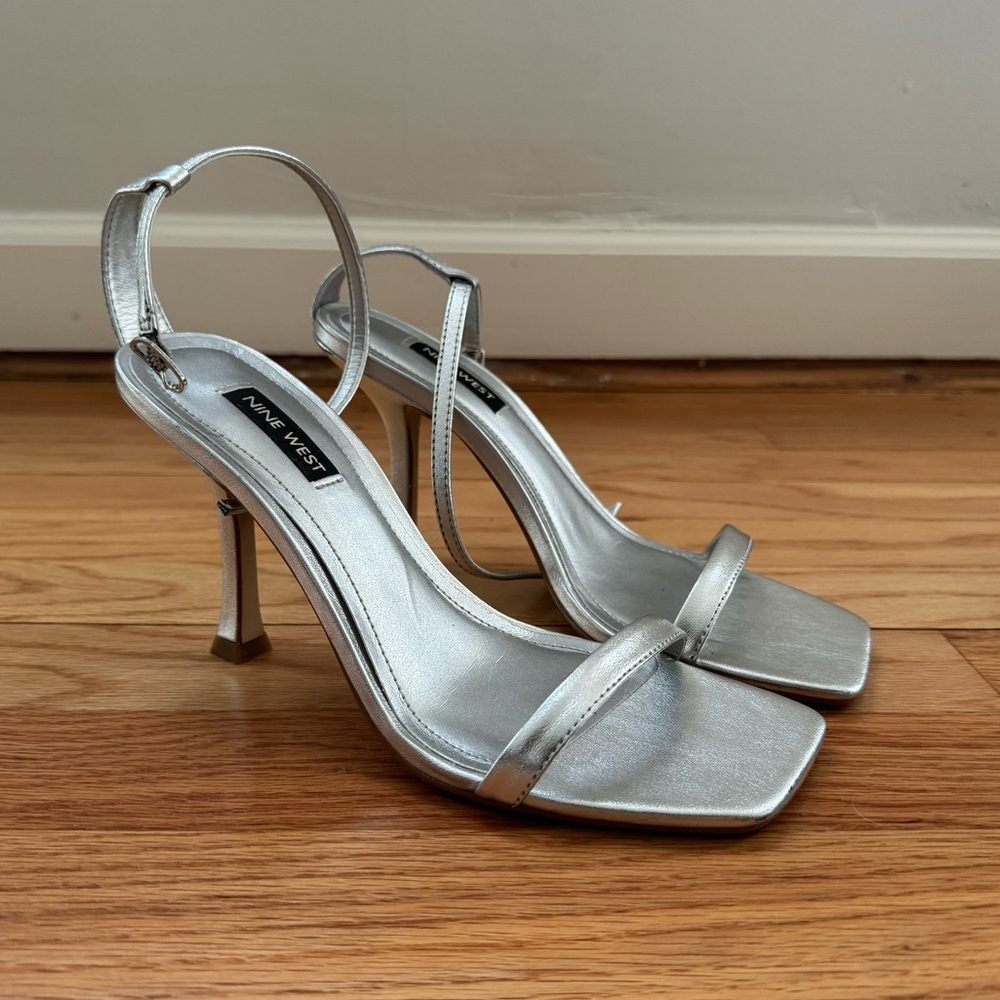 Nine West Square toe silver heels